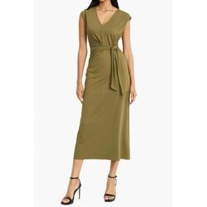 NEW DONNA MORGAN cap sleeve tie waist maxi dress in olive green